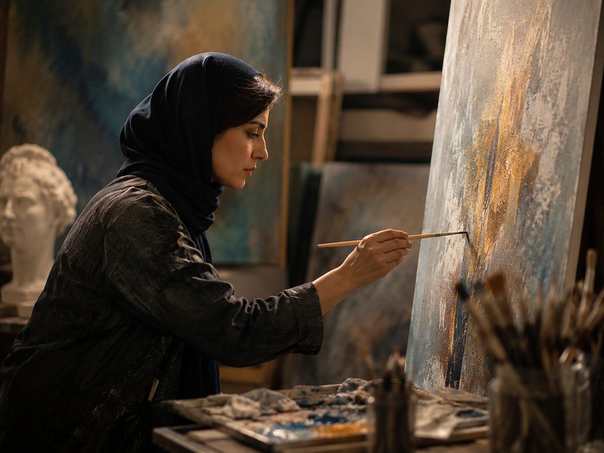 هنرمند ایرانی در حال نقاشی روی بوم